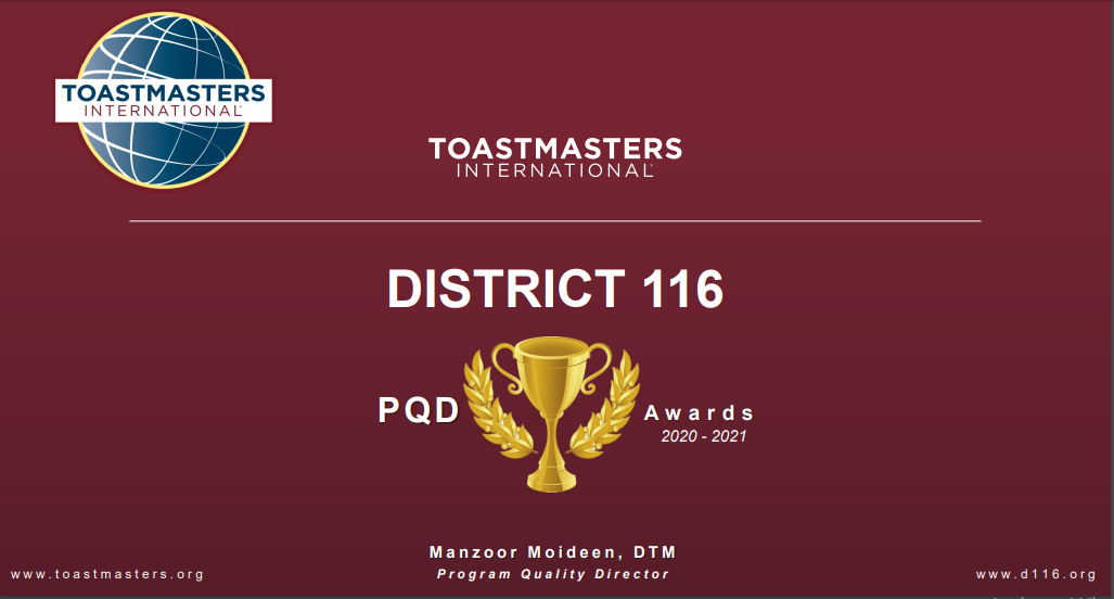 Toastmasters District 116 Program Quality Awards 2020-21 Announcements